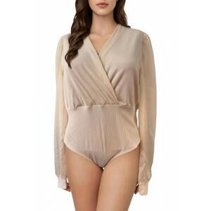 BellanBlue Womens Bodysuit Classic Cream Surplice Sheer Sleeve Minimalist Sz M